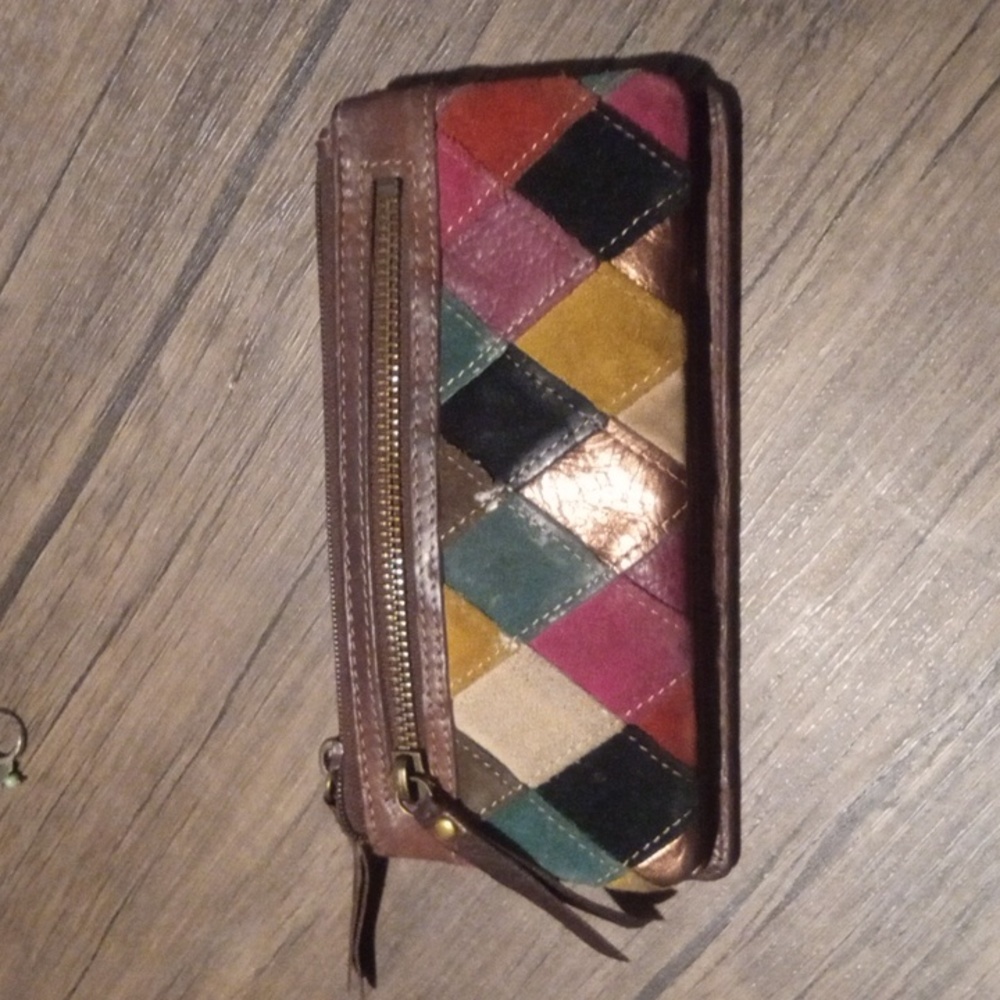 Rare Fossil Patchwork Wallet Suede Leather Colorful Vintage Metallic Details